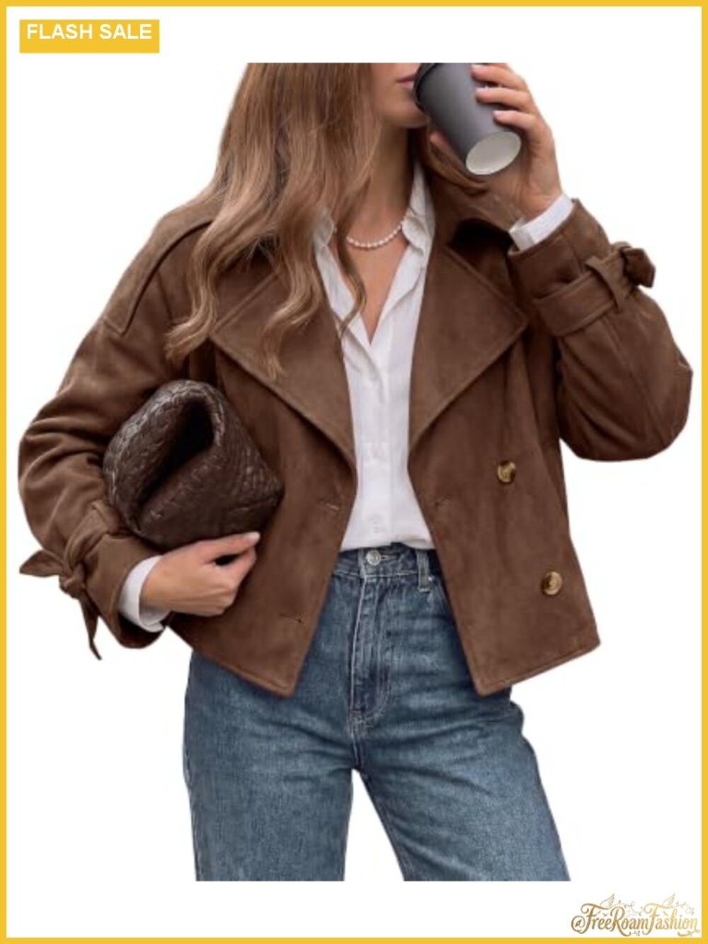Faux Suede Double Breasted Cropped Trench Coat Women Casual Fall Winter